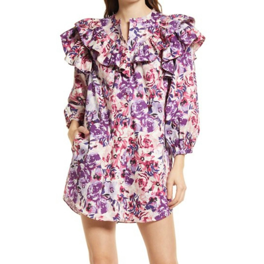 Something Navy Purple Floral Ruffle Mini Dress Long Sleeve Boho Size Small